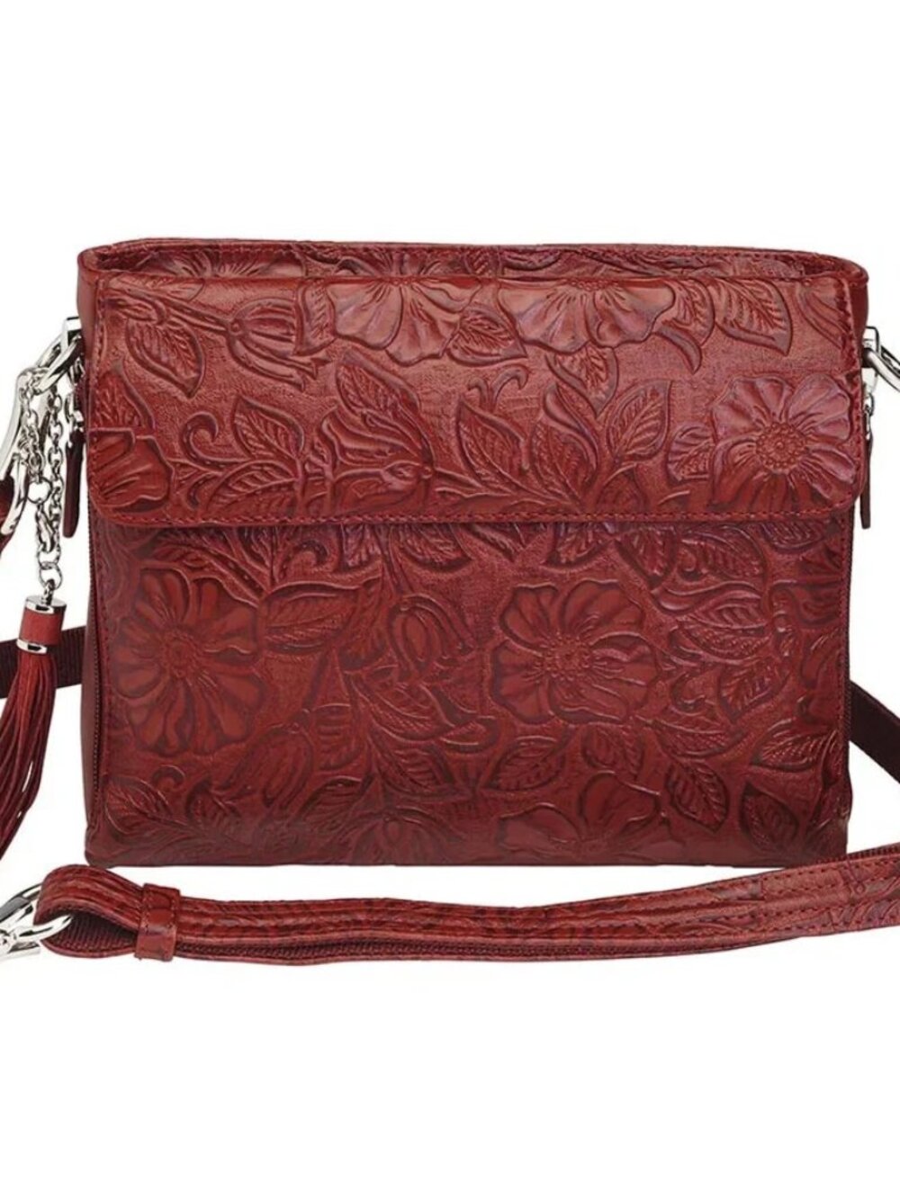 Gun Tot'n Mamas Dark Red Tooled Cowhide Concealed-Carry Purse